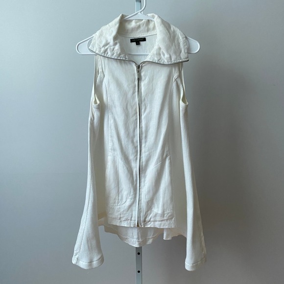 For Cynthia Jackets & Blazers - For Cynthia M White 100% Linen Sleeveless Full Zip Vest Ribbed Panel Lagenlook